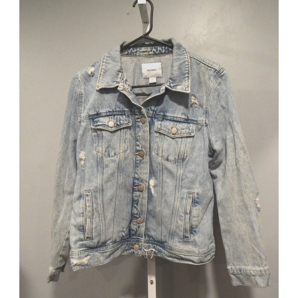 Old Navy Size L Distressed Jean Jacket 4 Pockets Light Wash Button Front Casual